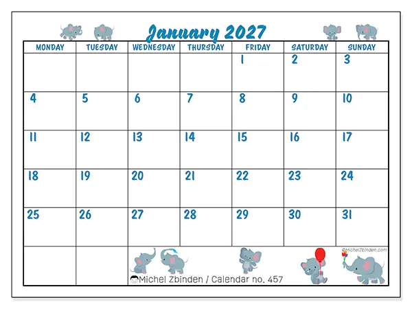Printable January 2027 calendar - Little elephants