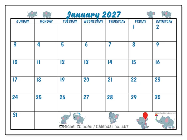 Printable January 2027 calendar - Little elephants - Week from Sunday to Saturday