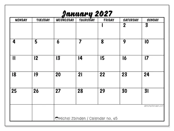 Printable January 2027 calendar - Academic success