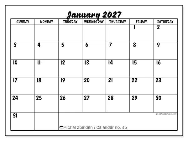 Printable January 2027 calendar - Academic success - Week from Sunday to Saturday