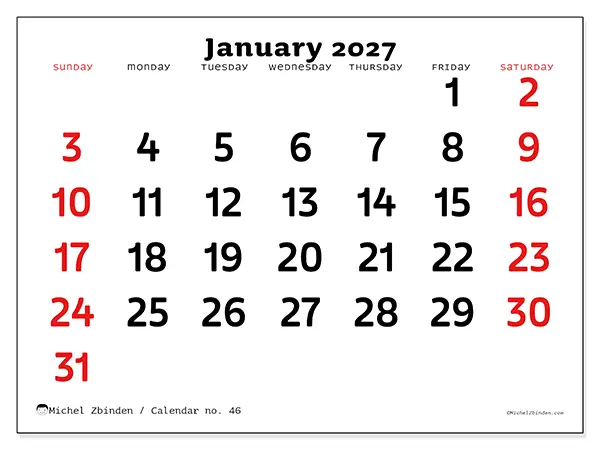 Printable January 2027 calendar - Clear vision - Week from Sunday to Saturday