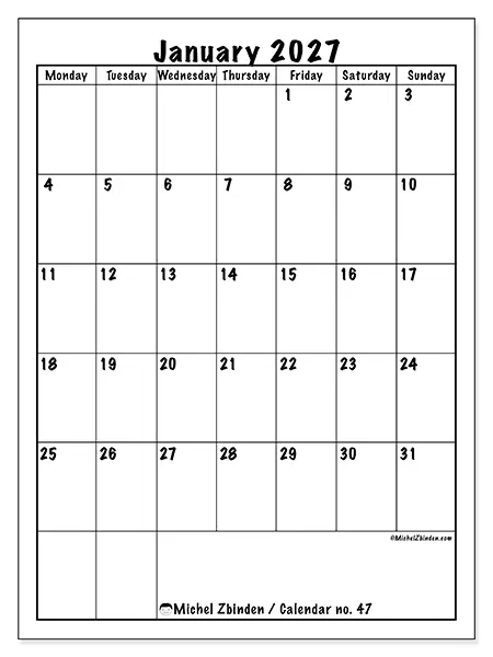 Printable January 2027 calendar - Efficient planning