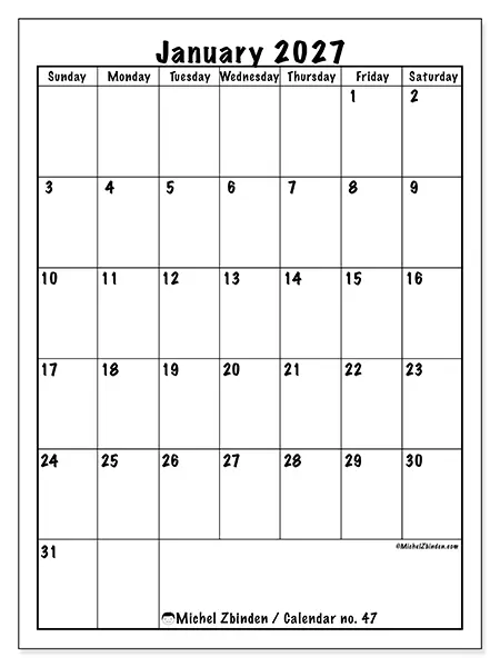 Printable January 2027 calendar - Efficient planning - Week from Sunday to Saturday