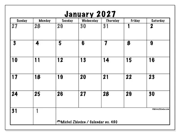Printable January 2027 calendar - Complete planning - Week from Sunday to Saturday