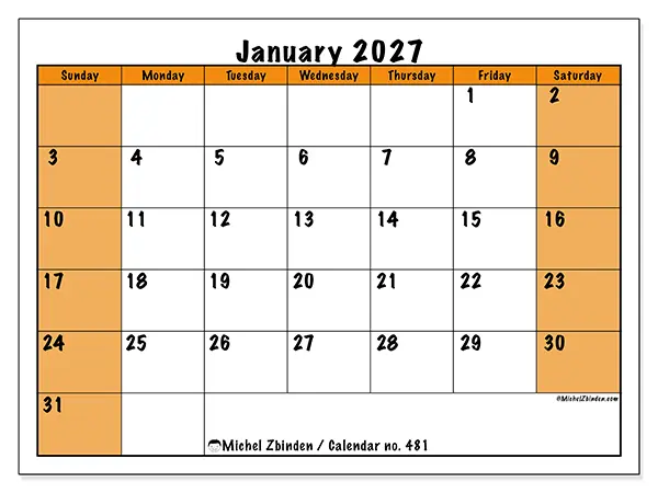 Printable January 2027 calendar - Dynamic planning - Week from Sunday to Saturday