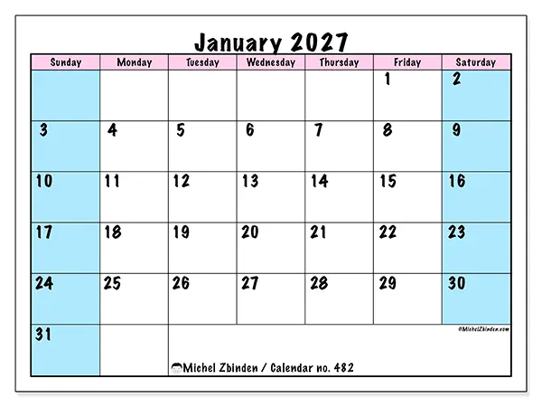Printable January 2027 calendar - Team schedule - Week from Sunday to Saturday