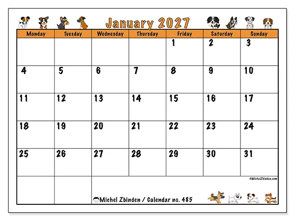 Printable January 2027 calendar - Enthusiastic dogs