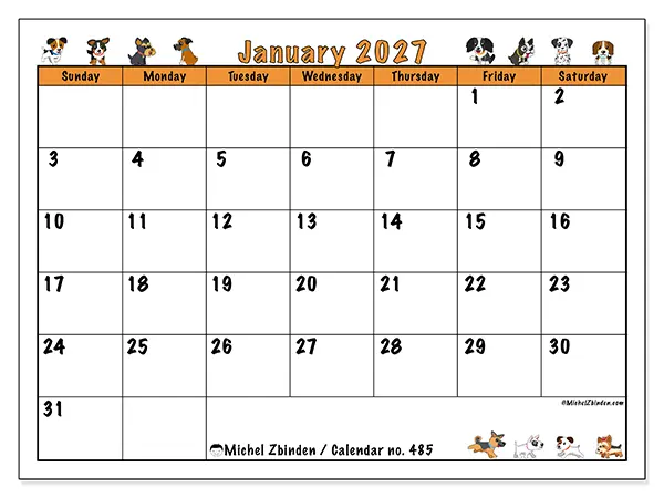 Printable January 2027 calendar - Enthusiastic dogs - Week from Sunday to Saturday