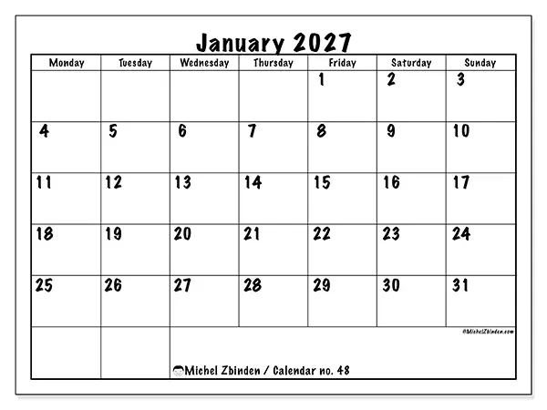 Printable January 2027 calendar - Daily efficiency