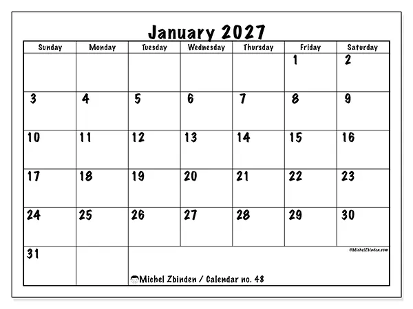 Printable January 2027 calendar - Daily efficiency - Week from Sunday to Saturday