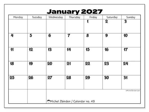 Printable January 2027 calendar - Productive coordination