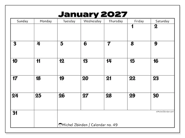 Printable January 2027 calendar - Productive coordination - Week from Sunday to Saturday