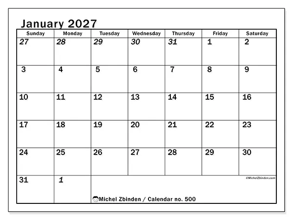 Printable January 2027 calendar - Intensive planning - Week from Sunday to Saturday