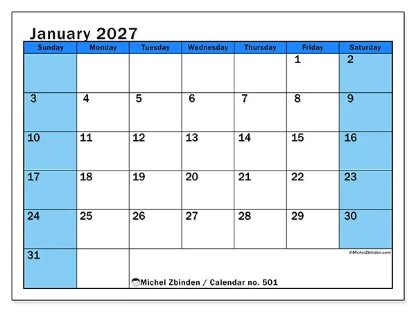Printable January 2027 calendar - Dynamic studies - Week from Sunday to Saturday