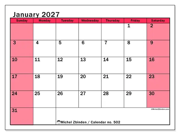 Printable January 2027 calendar - Bright management - Week from Sunday to Saturday