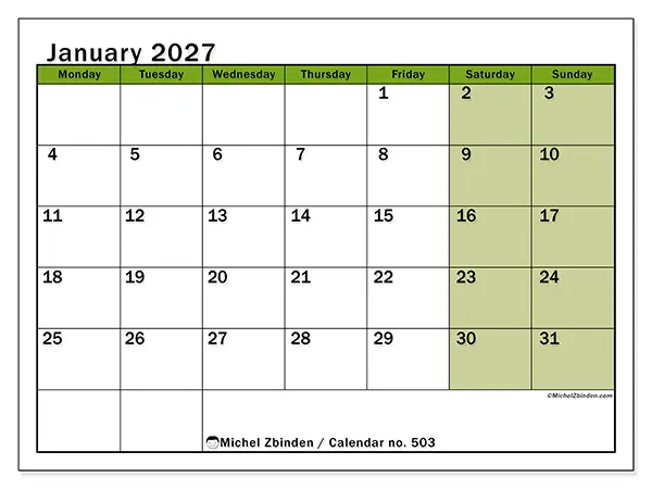 Printable January 2027 calendar - Lively organization