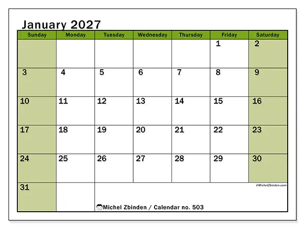 Printable January 2027 calendar - Lively organization - Week from Sunday to Saturday