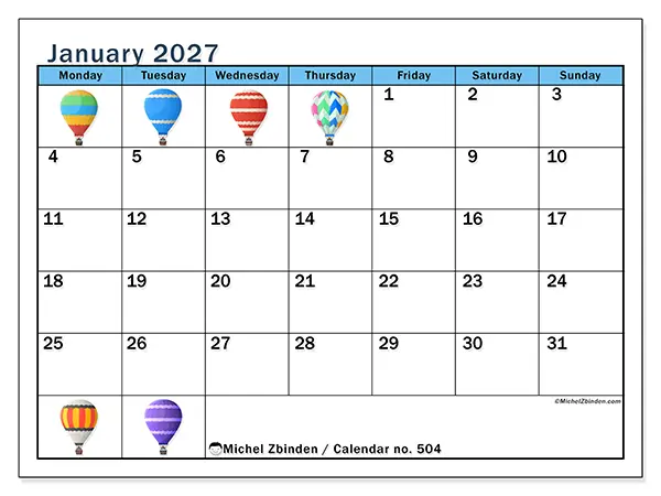 Printable January 2027 calendar - Hot air balloons