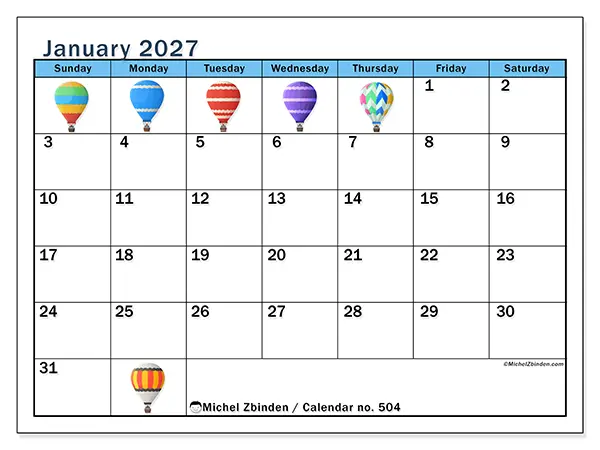 Printable January 2027 calendar - Hot air balloons - Week from Sunday to Saturday
