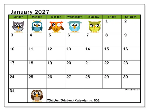 Printable January 2027 calendar - Funny owls - Week from Sunday to Saturday