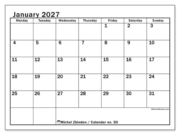 Printable January 2027 calendar - Optimal planning