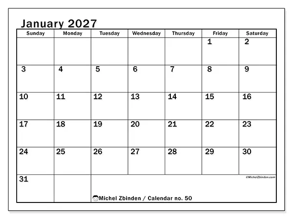 Printable January 2027 calendar - Optimal planning - Week from Sunday to Saturday