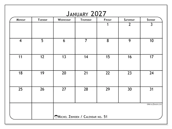 Printable January 2027 calendar - Meal planner