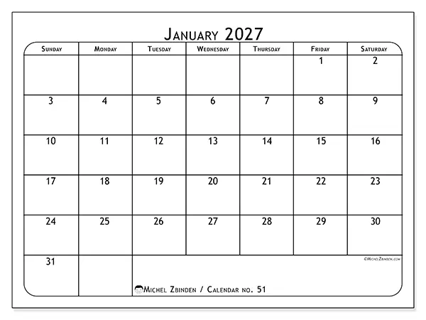 Printable January 2027 calendar - Meal planner - Week from Sunday to Saturday