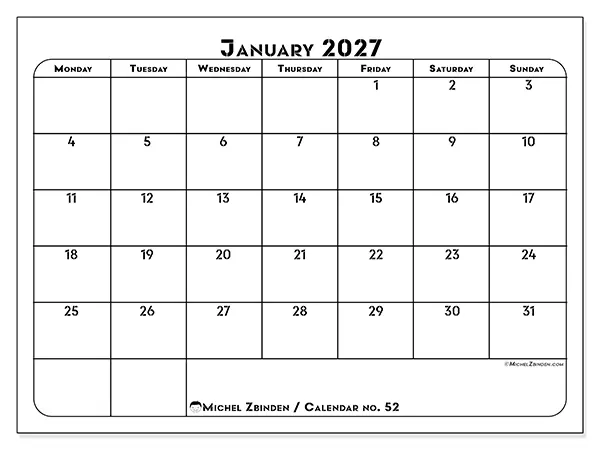Printable January 2027 calendar - Professional organization