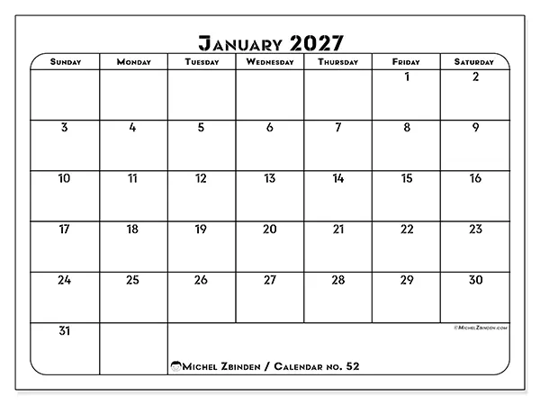 Printable January 2027 calendar - Professional organization - Week from Sunday to Saturday