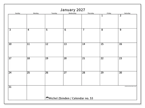 Printable January 2027 calendar - Efficient schedule - Week from Sunday to Saturday