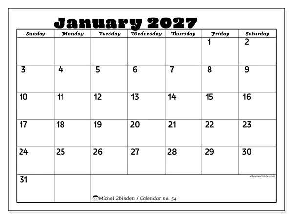Printable January 2027 calendar - Family activities - Week from Sunday to Saturday