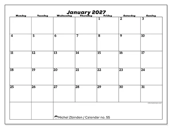 Printable January 2027 calendar - Leisure organization