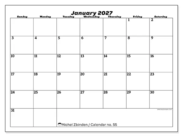 Printable January 2027 calendar - Leisure organization - Week from Sunday to Saturday