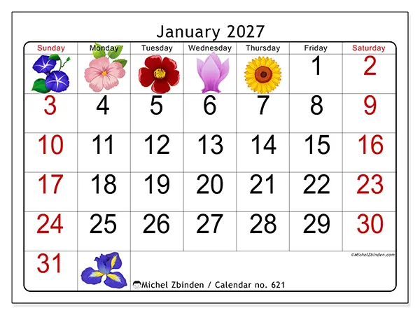 Printable January 2027 calendar - Big flowers - Week from Sunday to Saturday