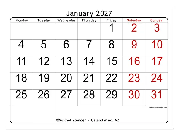 Printable January 2027 calendar - Speed reading