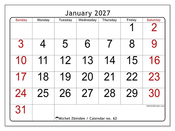 Printable January 2027 calendar - Speed reading - Week from Sunday to Saturday