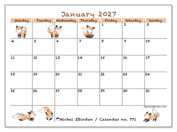 Printable January 2027 calendar - Fox drawings