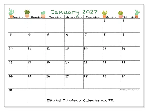 Printable January 2027 calendar - Decorative cactus - Week from Sunday to Saturday
