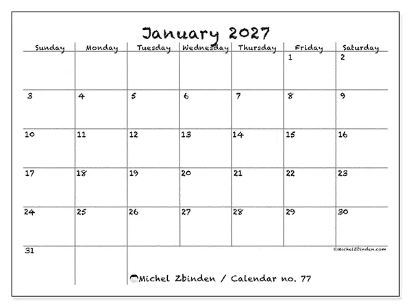 Printable January 2027 calendar - School and family - Week from Sunday to Saturday