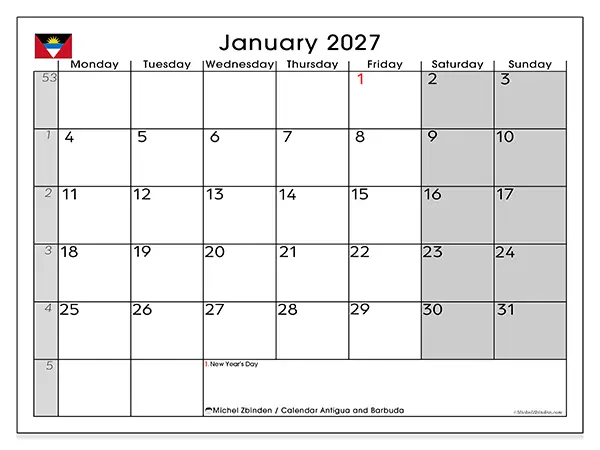 Printable January 2027 calendar - Antigua and Barbuda
