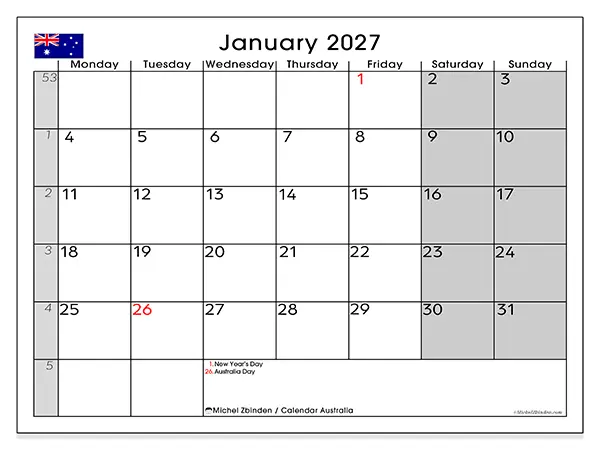 Printable January 2027 calendar - Australia