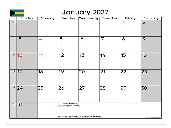 Printable January 2027 calendar - Bahamas