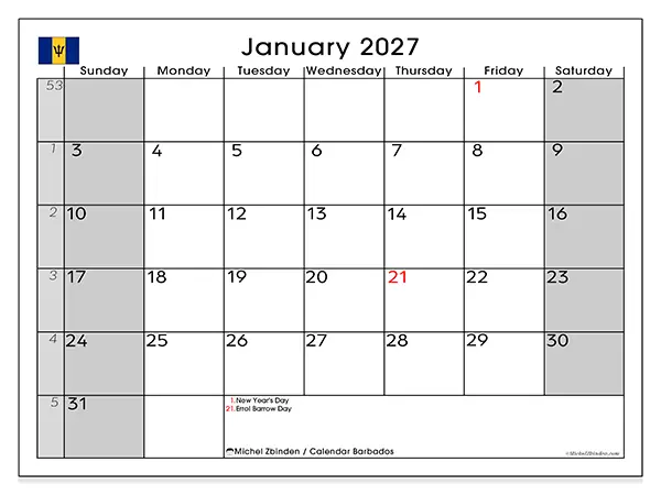 Printable January 2027 calendar - Barbados