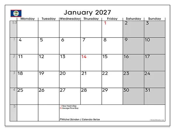 Printable January 2027 calendar - Belize