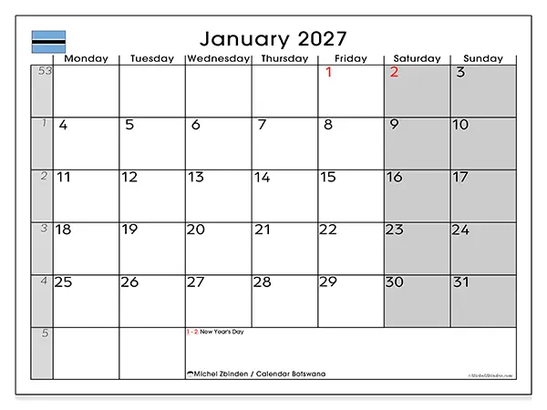 Printable January 2027 calendar - Botswana