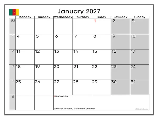 Printable January 2027 calendar - Cameroon