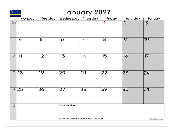 Printable January 2027 calendar - Curaçao
