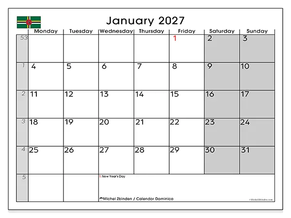 Printable January 2027 calendar - Dominica