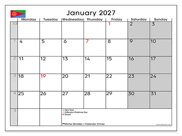 Printable January 2027 calendar - Eritrea